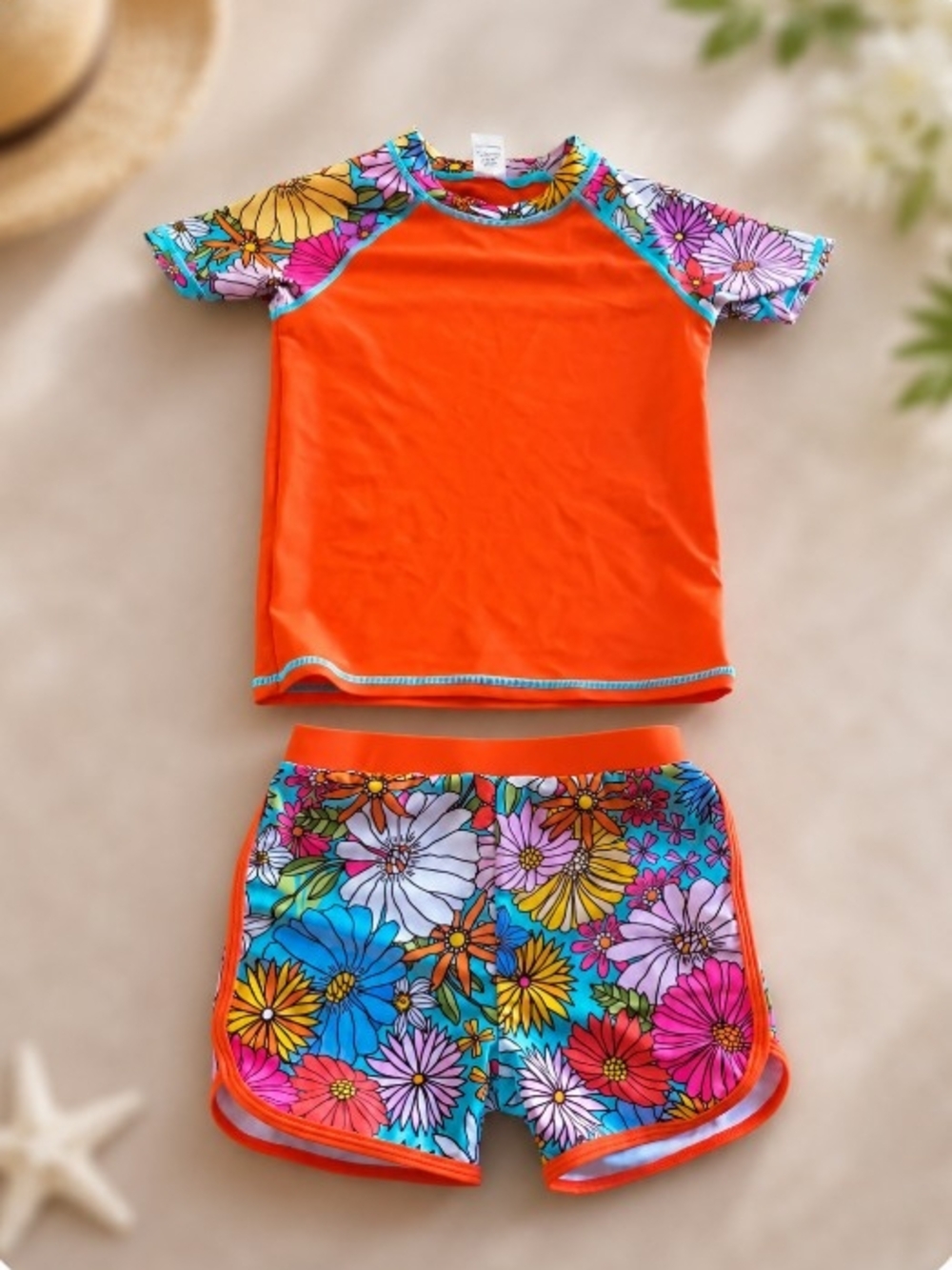 Ty Orange Rash Guard Set with Multicolor Floral Shorts